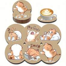 6pcs Cute Cat Print Wooden Coasters, Heat-Resistant Drink Coasters, Suitable For Coffee Cups, Tea Cups, Wine Glasses And Bottles, Wooden Coasters, Desktop Protection, Coffee Bar Decor, Kitchen Decor, Dining Table Accessories And Housewarming Gifts - Multicolor - View 3