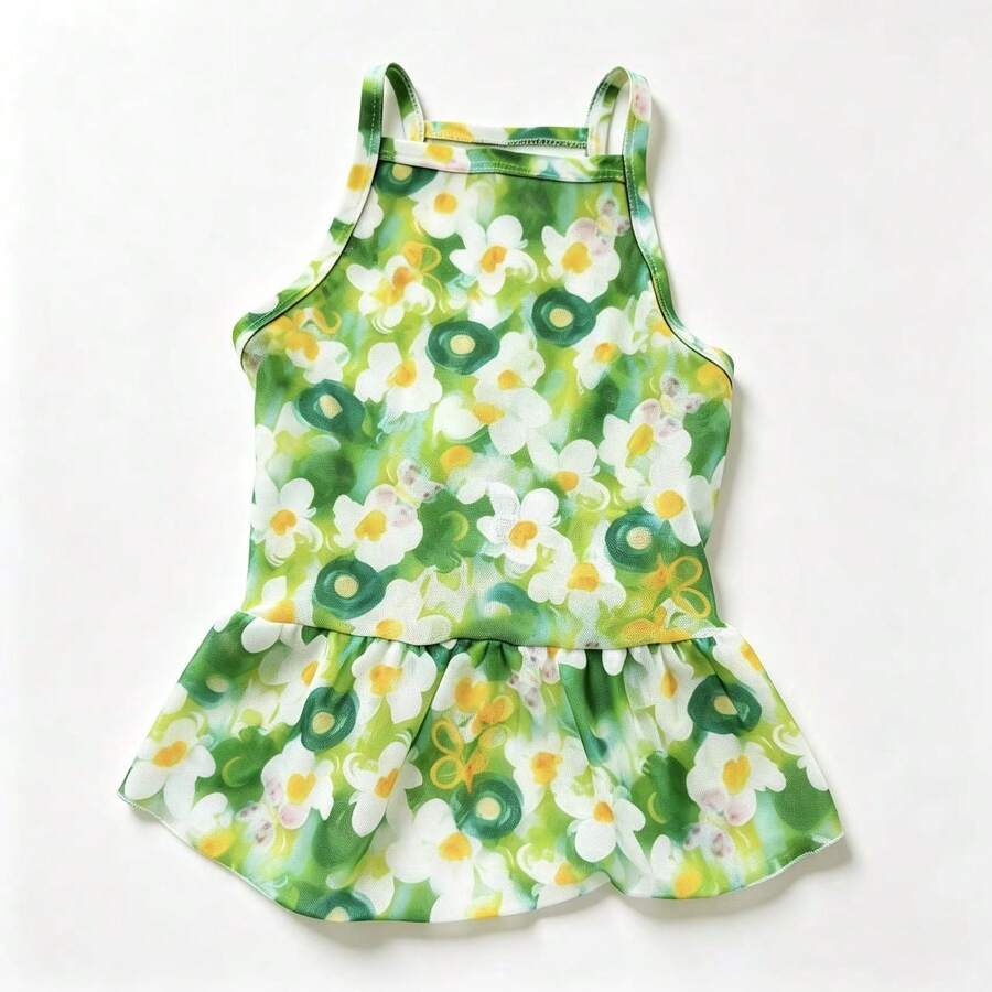 1pc Summer Thin Green Floral Mesh Pet Camisole Dress, Soft Breathable Anti-Shedding, Suitable For Yorkshire Terrier, Chihuahua And Small Dogs Daily Wear - Green - View 1