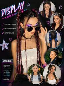 16 Inch Pair Of Synthetic Heat-Resistant Braided Ponytail Extensions With Highlights And Iridescent Sequins, Elastic Band Style, Suitable For Women's Daily Wear, Festivals, Events And Concerts - Multicolor - View 6