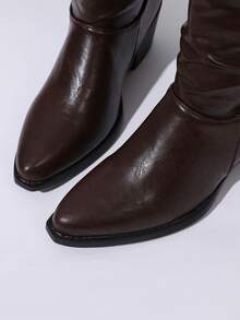 Women's Solid Color Pointed Toe Chunky Heel Slip-On Mid-Calf Boots With Side Zipper, Western Style, Holiday - Brown - View 4