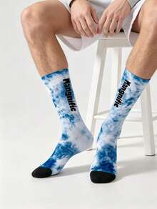 1 Pair Blue & White Tie-Dye Letter Print Mid-Calf Socks, American Street Style Unisex Socks, Casual Versatile For Back To School, Autumn - Multicolor - View 2