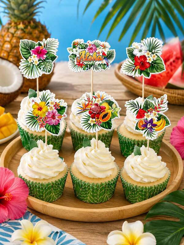 12/24PCS Tropical Plant Cake Toppers, Realistic Botanical Illustration Dessert Decorations, Greenery Theme Party Supplies, Wedding & Celebration Cake Decor