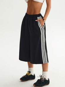 Sports Vertical Striped Elastic Drawstring Calf Length Sweatpants Casual Fitness Bottoms Black Summer - Black - View 4