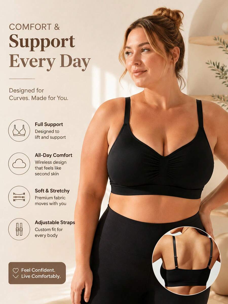 EssElegance Plus Size Wireless Everyday Sports Bra, Seamless & Breathable, Shock-Absorbing Suitable For Yoga, Running, Workout - Black - View 1