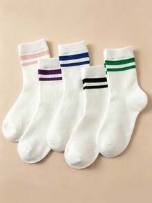 5 Pairs Women's White Striped Mid-Calf Socks, Double Striped Casual Socks, Preppy Style Casual Women's Socks, Casual Daily Sports Socks - Multicolor - View 6