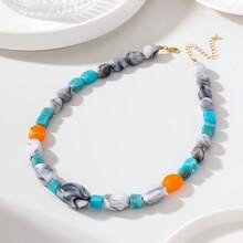 Tie Dye Marble Pattern Acrylic Beaded Necklace, Blue & Orange Contrast Asymmetrical Beads - Multicolor - View 6