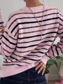 Women's Casual Relaxed Colorblock Striped Pullover Knit Sweater, Ribbed Hem Loose Fit Flattering Silhouette Fall - Pinkish-brown Stripes - View 3