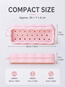 1pc Solid Color Silicone Pencil Case, Rectangular Zipper Pencil Pouch With Perforated Round Holes, Wavy Edge And Carrying Loop, Stationery Storage Bag For Desk Organization And Daily Use - Multicolor - View 5