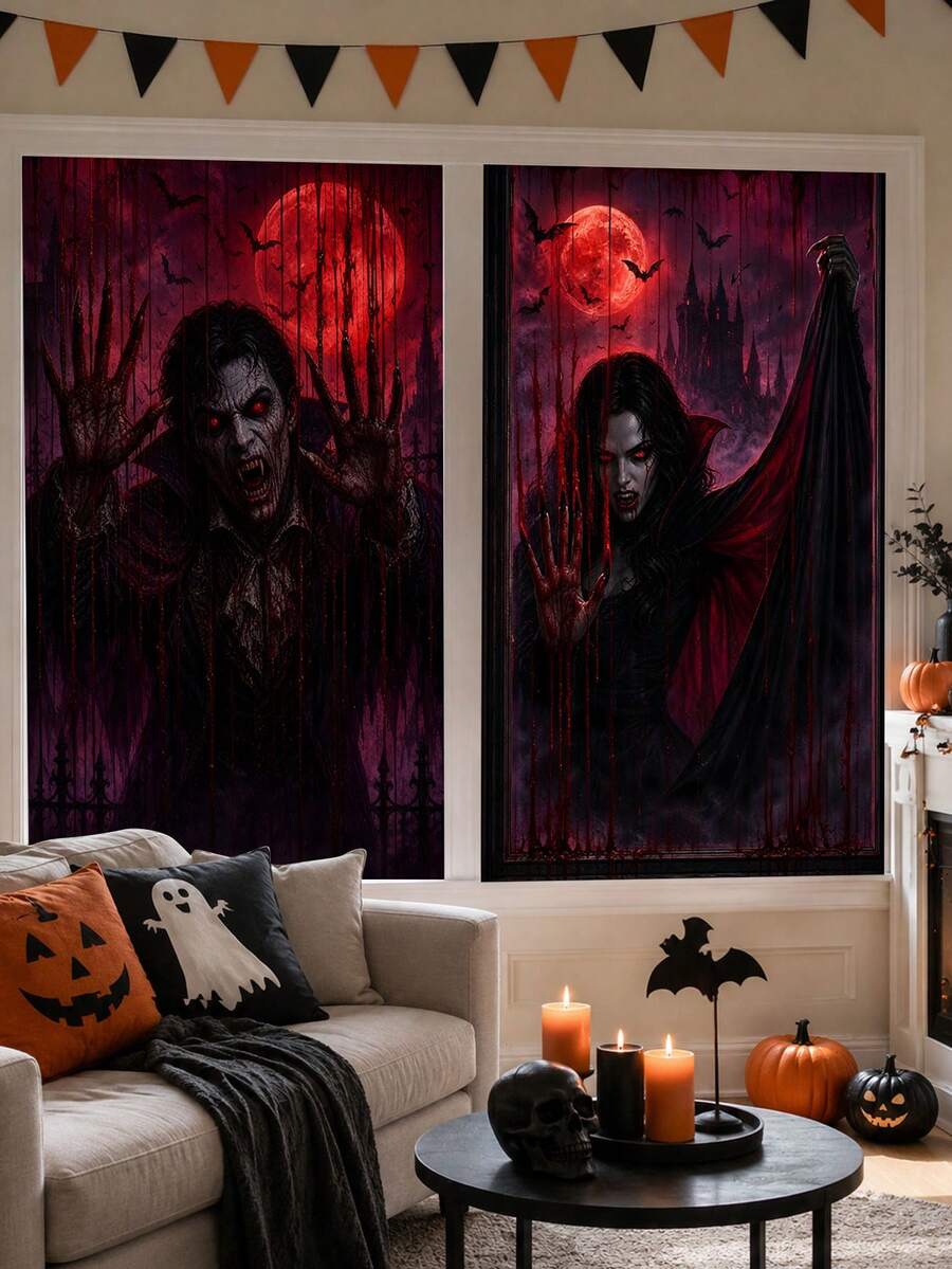 2pcs Halloween Vampire Window Banner, Blood Moon Castle, Bats And Vampire Couple Print Curtain Decor, Suitable For Halloween Party, Haunted House, Living Room, Bedroom And Indoor/Outdoor Holiday Decoration - Vampire - View 1