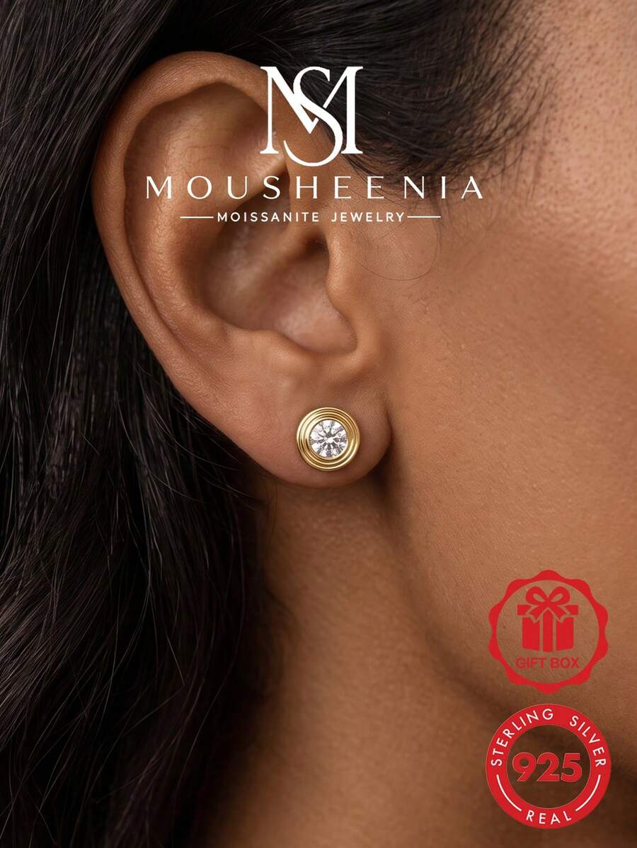MOUSHEENIA Classic 0.1ct Round Moissanite Bezel Set Stud Earrings, 925 Sterling Silver, Delicate Single Diamond Daily Pierced Ear Jewelry Gift - 0.1 Ct Stud Earrings - View 1