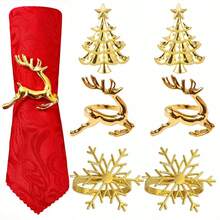 6/12pcs/Set Merry Christmas Napkin Ring Set, Christmas Tree Napkin Holder, Snowflake Reindeer Napkin Holder, Napkin Cloth Decoration, Christmas Table Decor, Christmas Restaurant Table Setting Decoration, Christmas Gift Set - Gold - View 2