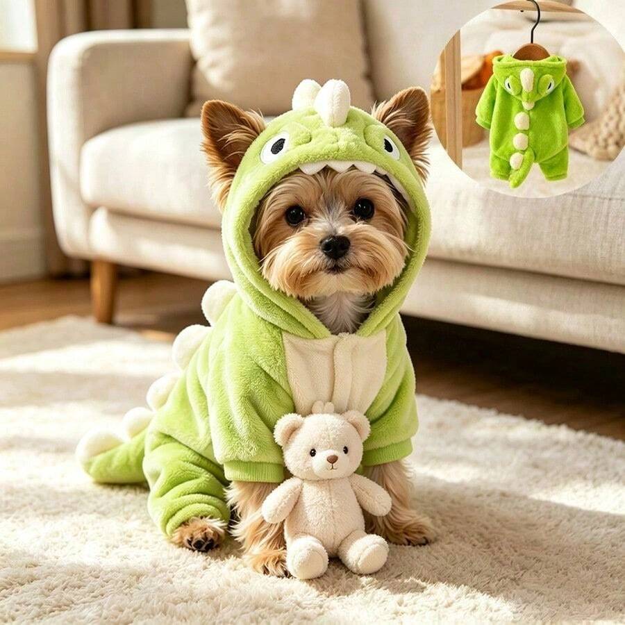 Cute Little Dinosaur Winter Puppy Clothes, Thick Warm Autumn/Winter Style For Bichon, Teddy, Schnauzer Pets - Green - View 1
