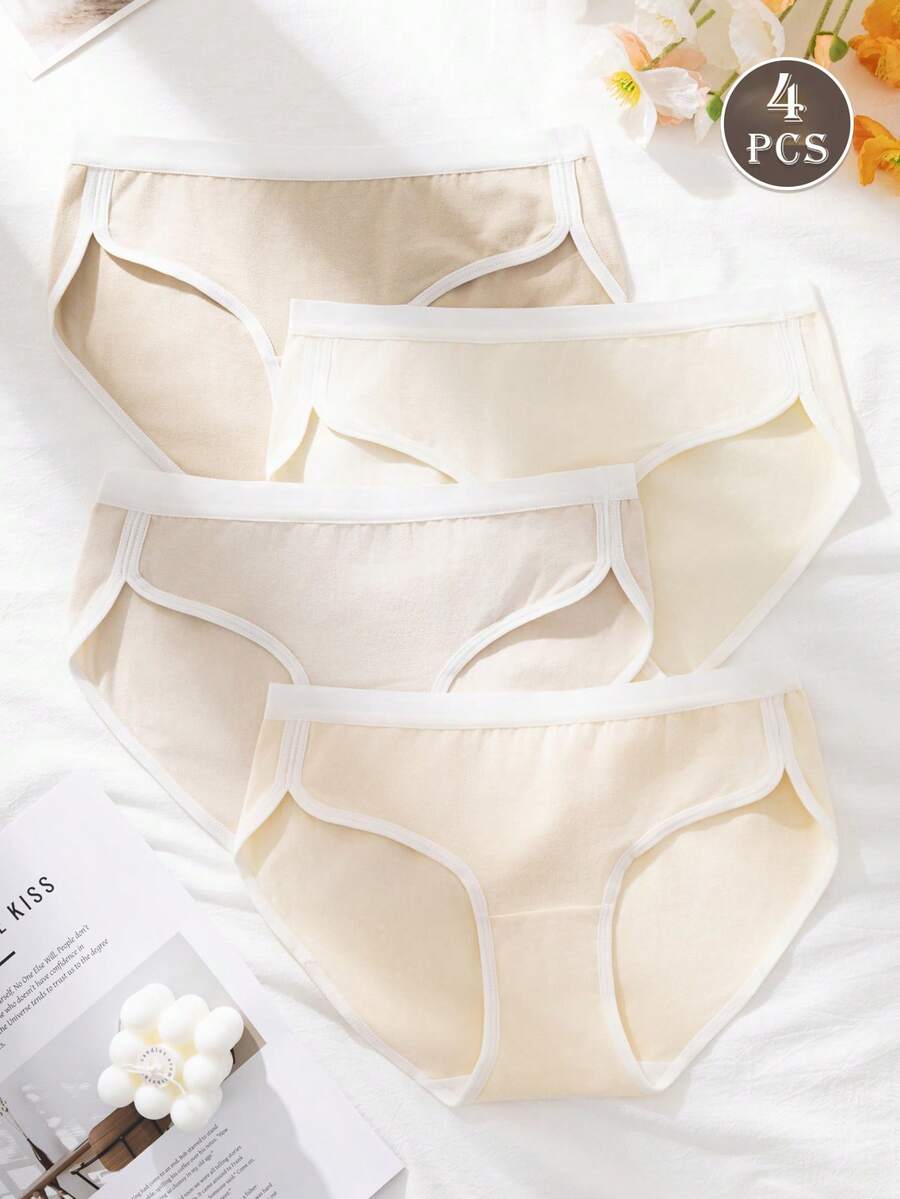 4 Peças Conjunto de Lingerie Feminina de Algodão Macio e Confortável, Estilo Retrô Universitário, Calcinha Sem Costura Cintura Média, Shorts Esportivos, Conjunto de Lingerie na Cor Nude - Multicolorido - Visão 1