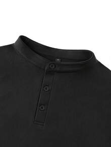 Men's Henley Collar Long Sleeve T-Shirt, Casual Loose Fit, With Button Placket, Daily Basic - Black - View 8
