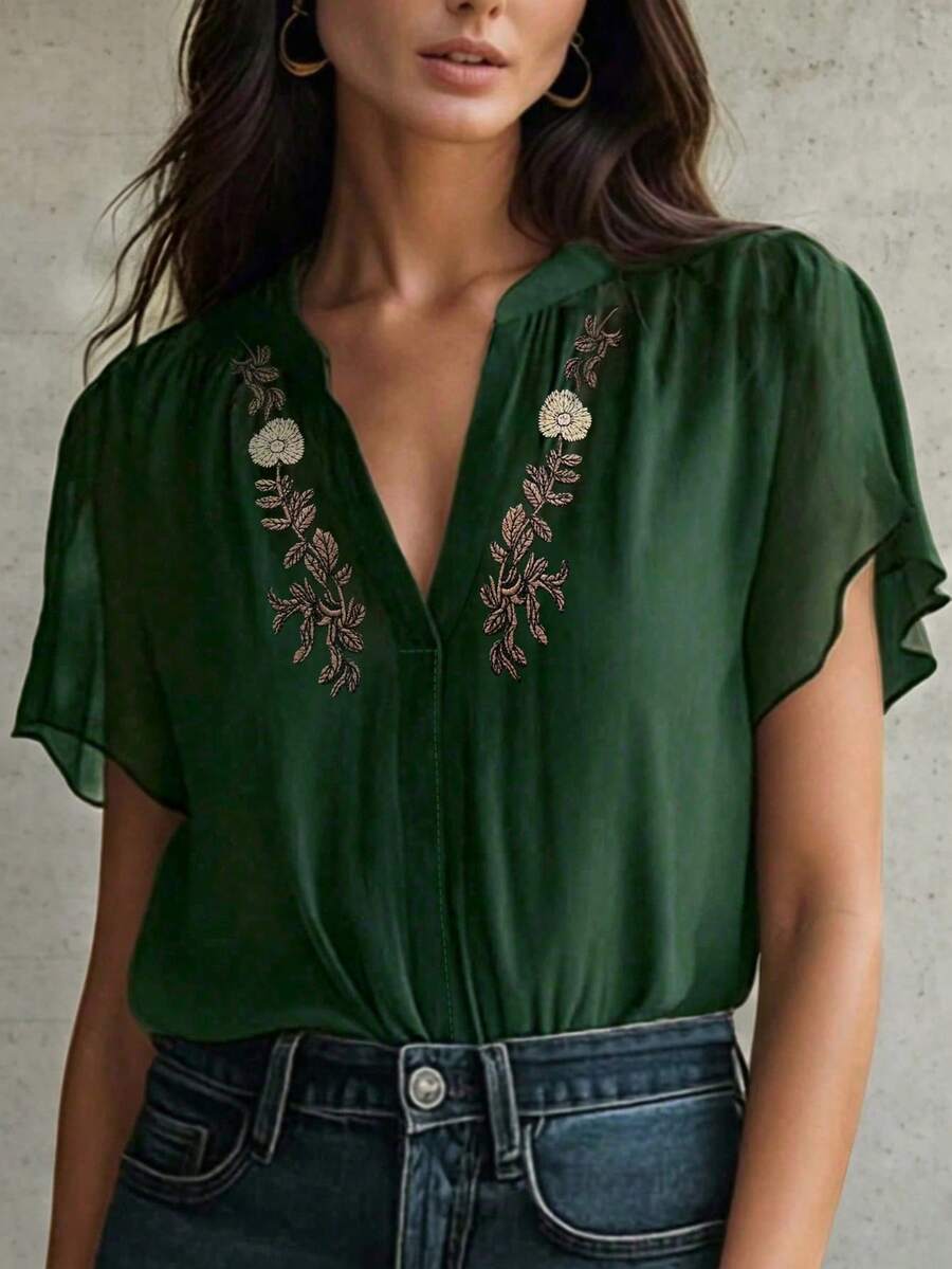 2026 New Deep Green Embroidered V-Neck Shirt, Elegant Embroidered Blouse, Boho Chic Embroidered Top, Versatile Basic Shirt Suitable For All Seasons, Plus Size Friendly Summer