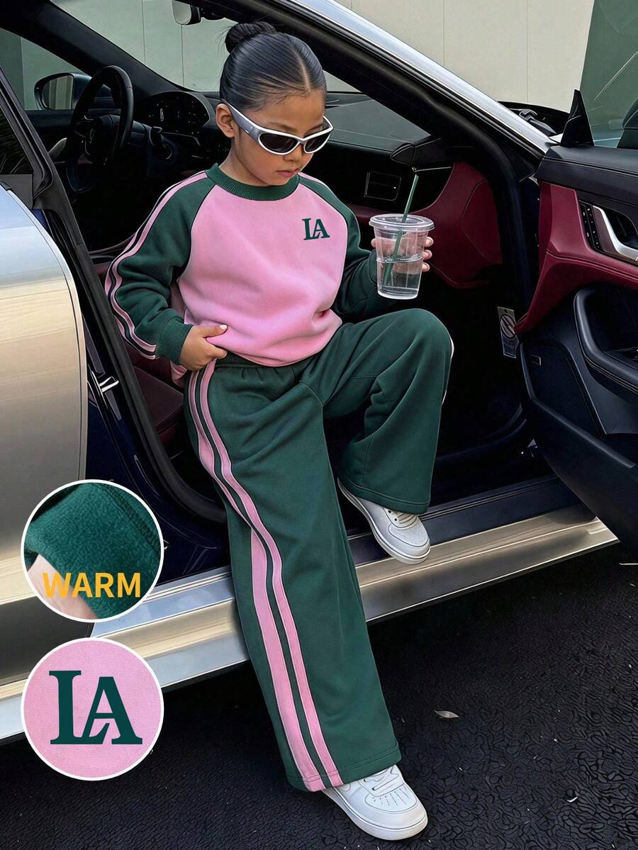 Tween Girls Colorblock Patchwork Letter Print Crew Neck Sweatshirt And Sweatpants - Pink - View 1