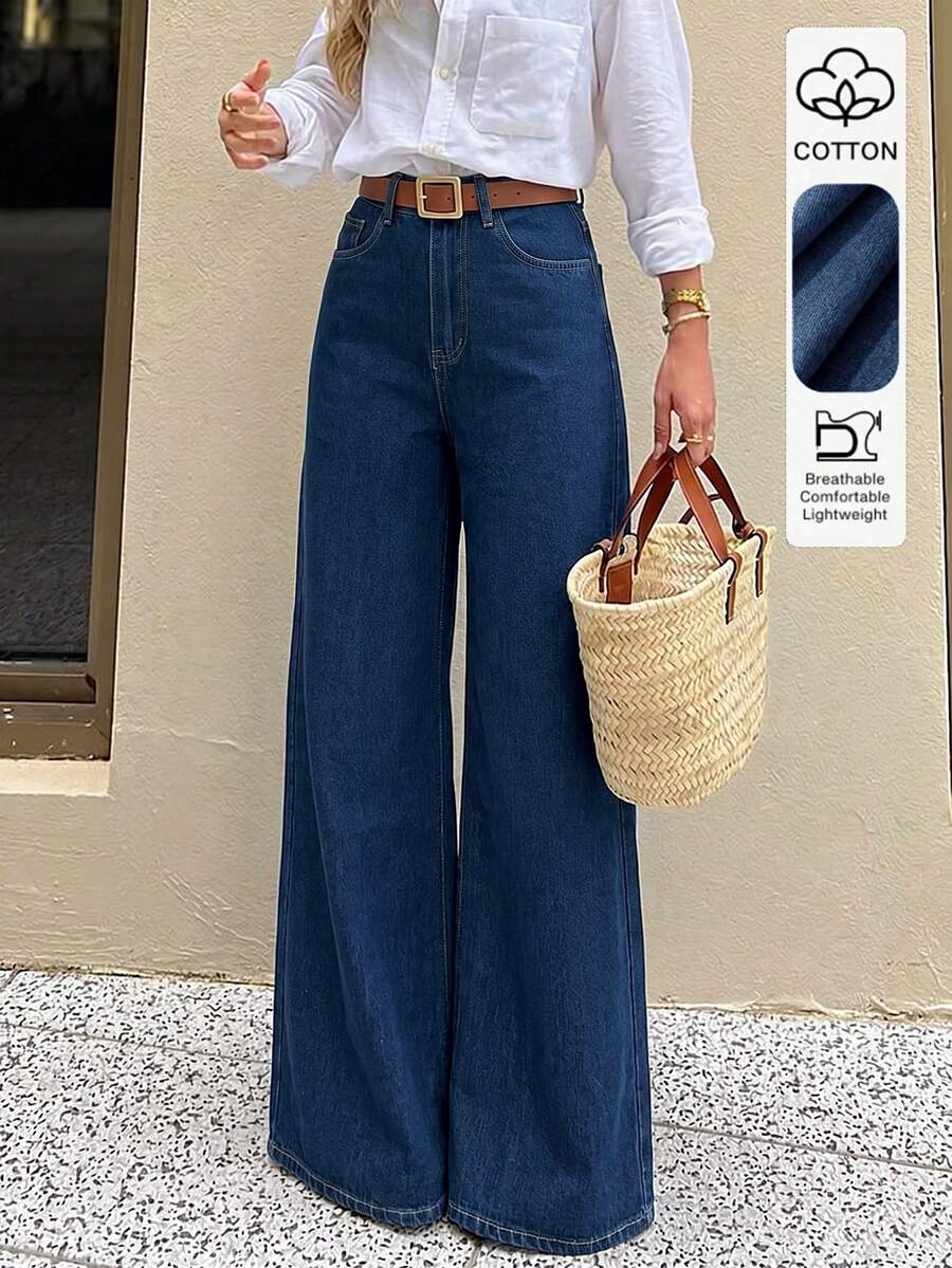 美式辣妹風設計中腰牛仔褲,四季新款復古直筒寬腿長褲,女款休閒秋季 - 深色水洗藍 - 查看 1