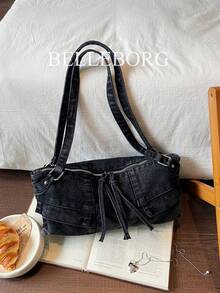 1pc Lightweight Minimalist Canvas Denim Versatile Women's Shoulder Underarm Bag - Black - View 8