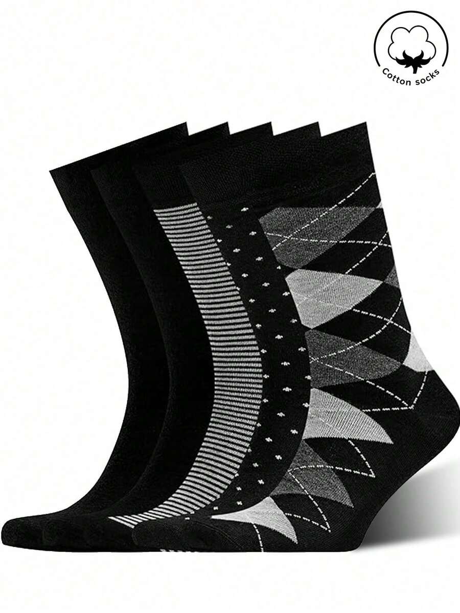 VeloEdit 1/5/10 Pairs Cotton Men's Socks, Autumn/Winter High-Top Solid Color Sailor Socks, Business Cotton Men's Plaid Premium Sports Socks, European/American Size, Long Socks, Black Socks, Blue Socks - Black - View 1