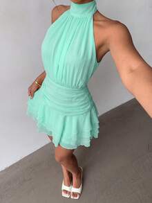 Elegant Halter Neck Backless Mini Dress With Layered Ruffle Hem, Suitable For Summer Party, Beach Vacation, Daily Outing, Holiday And Graduation Ceremony - Mint Green - View 4