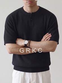 GRKC 男士短袖針織亨利領圓領寬鬆直筒休閒通勤風針織T恤 春夏上衣 - 黑色 - 查看 5