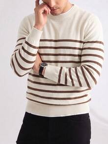 Men's Colorblock Horizontal Stripe Crew Neck Knit Sweater, Vintage Colorblock Long Sleeve Pullover, Casual Commute Versatile Inner Layer Top - Khaki - View 1