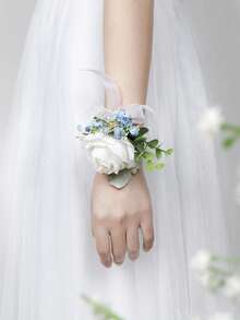 2件組 白色與藍色玫瑰胸花與新娘手腕花飾套組，含滿天星，適用於新郎、新娘、婚禮派對、舞會、返校日、情人節 - 藍白色 - 查看 6