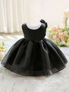Baby Girls Round Neck 3D Flower Solid Color Organza Cute Birthday Party Puff Princess Dress Suitable For Holidays, Headband Not Included - Black - View 6
