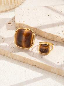2pcs Stainless Steel Fashion Casual Gold-Colored Heart-Shaped Ring Set, Suitable For Women's Daily Wear Or Gift Giving - Yellow Gold - View 6