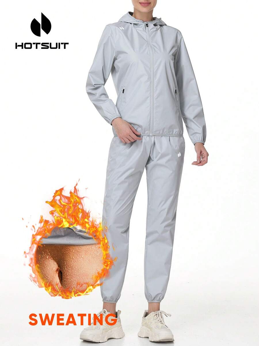 HOTSUIT 女款緞面拉鍊抽繩運動套裝,健身訓練運動服,適合健身房穿著與節日送禮 - 淺灰色 - 查看 1