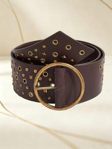 1PC Vintage Round Buckle Gold Rivet Wide Belt, Dark Punk Style PU Leather Belt, Halloween Outfit Decorative Waist Cincher - Studded Belt - View 3