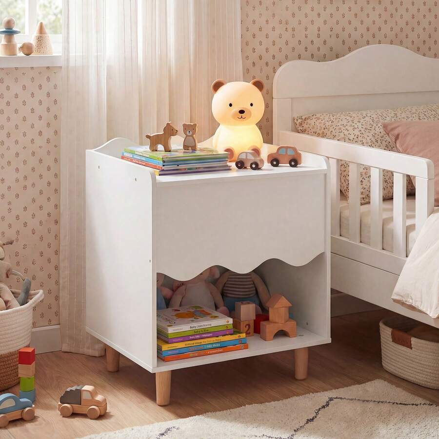 Kids Nightstand, Toddler Scalloped Side Table With Wide Top & Open Compartment Pink/White - White - View 1