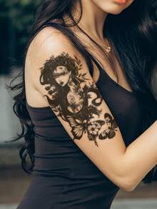 1pc Black Aesthetic Floral Butterfly Crescent Moon Branch Leaf Portrait Pattern Temporary Tattoo Sticker, Waterproof Body Skin Tattoo For Party Gift, Holiday Gift, Concert, Arm, Leg - Black - View 1