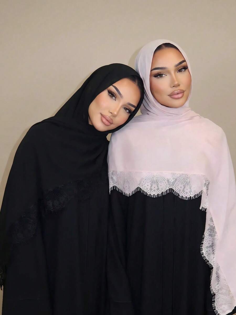Romantic Lace Patchwork Modal Muslim Hijab, Elegant Muslim Hijab With Lace Arabic Abaya Hijab - Multicolor - View 1