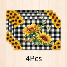 1件向日葵印花餐墊，黑白格紋桌墊，鄉村風花卉餐桌裝飾，鄉村風廚房用餐家居桌面裝飾 - 彩色 - 查看 13