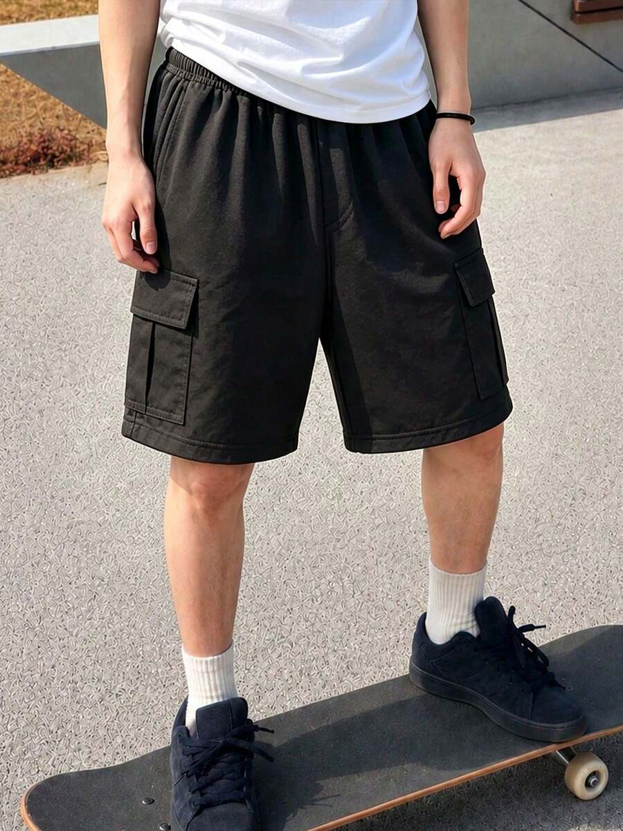 1件装 男童时尚休闲工装短裤，带大口袋，宽松舒适版型 儿童百慕大短裤 - 黑色 - 查看 1