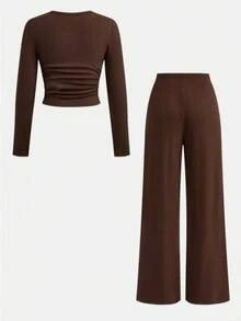 Girl's Coffee Brown Autumn/Winter Casual Daily 2 Pieces Set, Soft Knitted Ribbed Fabric, Open Front Waist Pleated Design Long Sleeve Top And Elastic Waistband Bowknot Drawstring Decor Straight Leg Knitted Ribbed Pants, Suitable For Daily Wear And Outings. - Coffee Brown - View 2