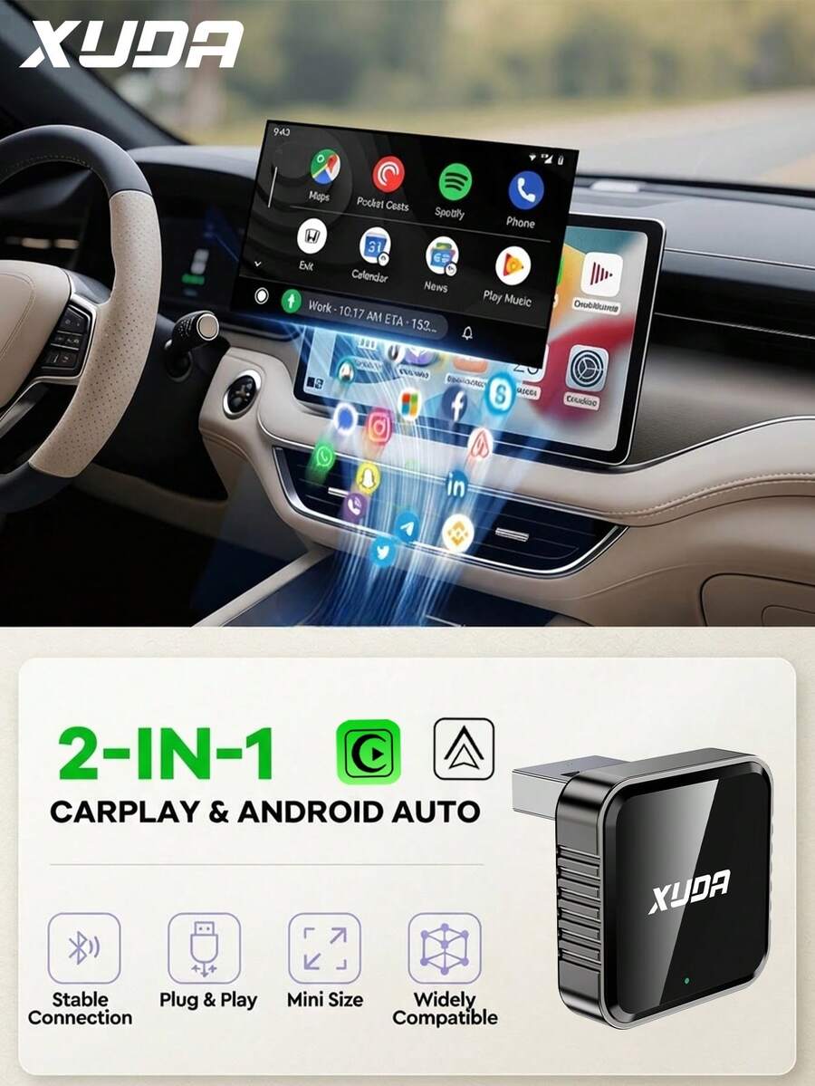 XUDA New CarPlay Ai Box Mini Superbox, Wired To Wireless Conversion, Wireless CarPlay And Android 2-In-1 Function, Supports 2.4-5.0 GHz WiFi 5, Suitable For 99% Of Cars With Wired CarPlay And Android Capabilities - A - View 1