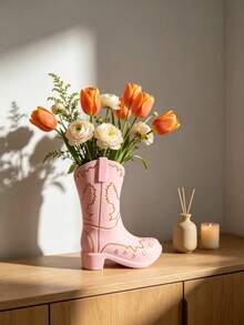 1pc Cowboy Boot Shaped Vase, Western Style Decorative Flower Pot, Bohemian Tabletop Centerpiece, Unique Desktop Ornament, Suitable For Living Room Bedroom Home Decor - A - View 6