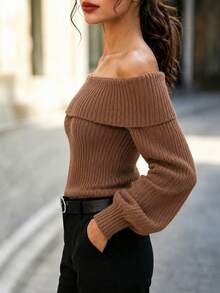 Sweater Pullover Wanita Rajut Regular Model Off-Shoulder Warna Polos Bertekstur, Cocok untuk Kembali ke Sekolah, Pesta, Musim Semi, Musim Panas, Musim Gugur, dan Musim Dingin. - Unta - View 2