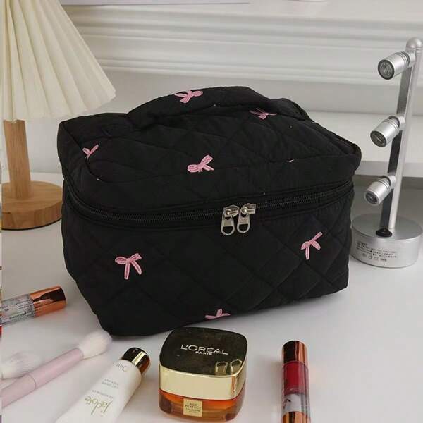 1/2pcs Thickened Padded Anti-Crush Makeup Storage Bag, Sweet Bow Embroidery Quilted Storage Pouch, Can Store Fragile Makeup, Highlighter Eyeshadow Palettes, Makeup Brush Sets, Jewelry Sets, Suitable For Vacation Travel, Vanity Display, Bedroom Organization, Holiday Gifts, Road Trips