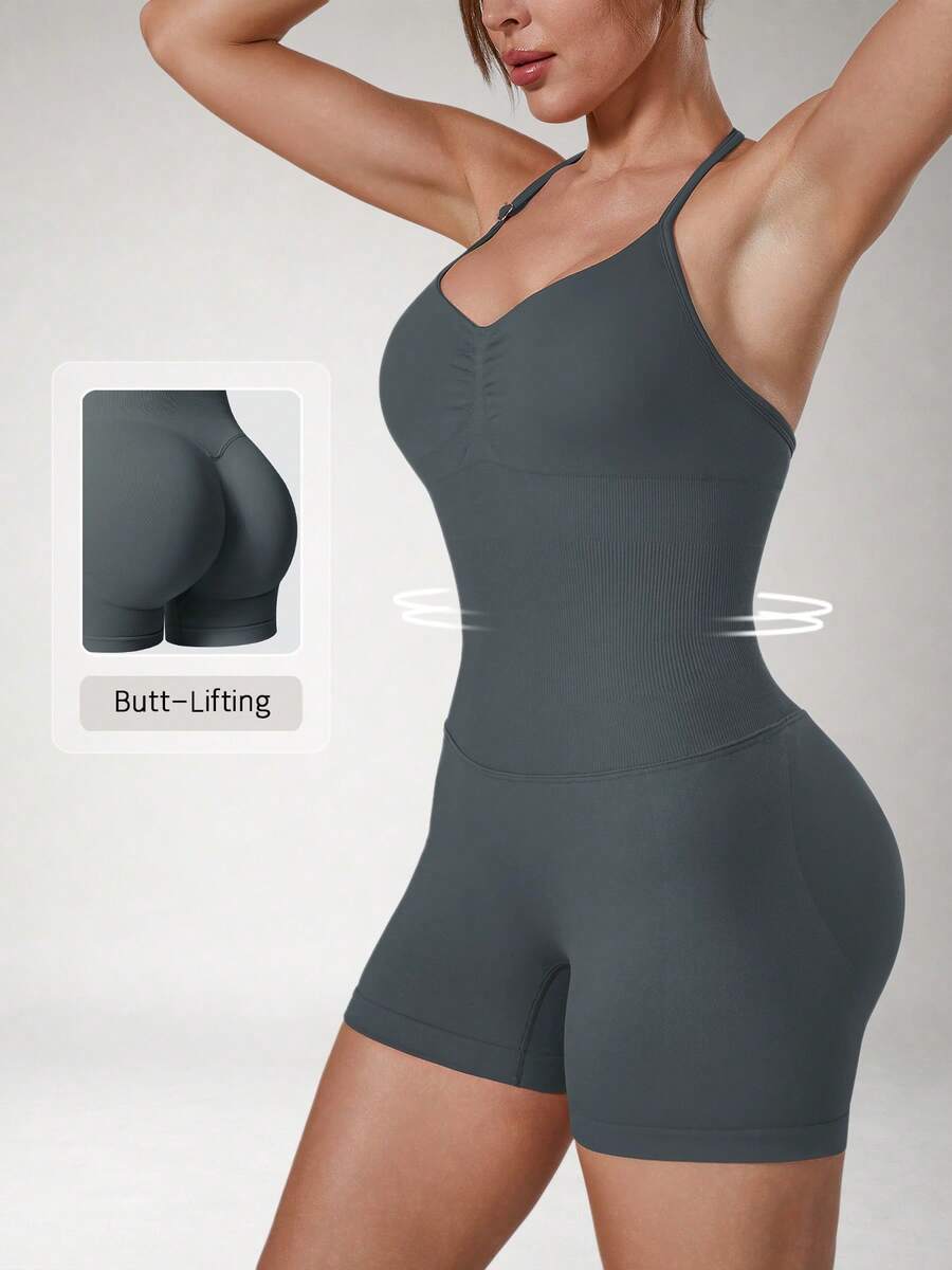 NcmRyu Women's 1pc Solid Color Halter V-Neck Adjustable Strap Ruched Front Open Back Ruched Butt Sports One-Piece Shorts - Dark Grey - View 1