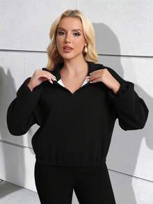 Women's Half-Zip Fleece Sweatshirt Solid Color Long Sleeve Pullover - Black - View 1