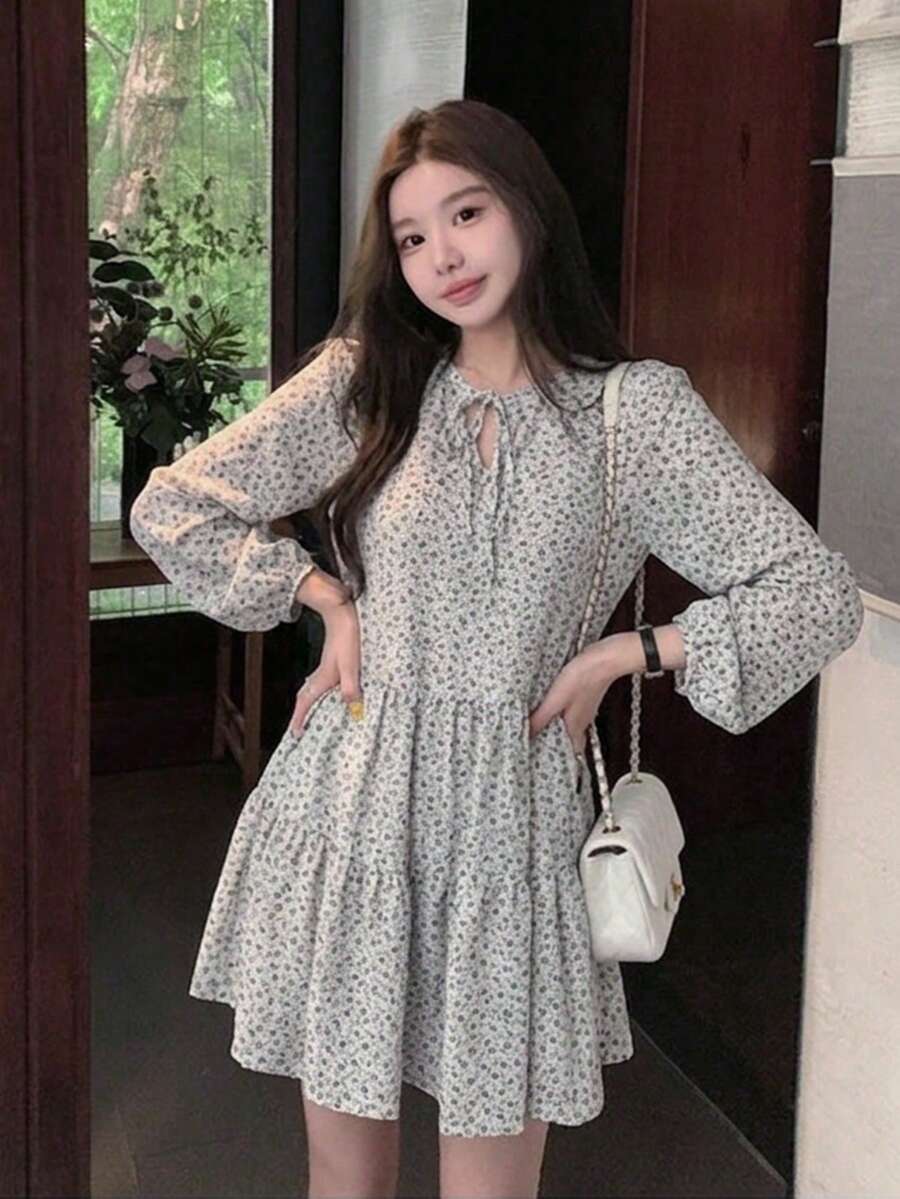 Gaun Musim Semi/Panas Terbaru, Sederhana, Kasual, Longgar, Motif Bunga, Lengan Panjang, Putih, Elegan untuk Liburan - Putih - View 1