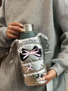 Cute Bow Water Bottle Crossbody Bag, Adjustable Strap Quilted Crossbody Bag, Fashionable Insulated Cup Holder, With Phone And Accessory Pockets - Multicolor - View 5