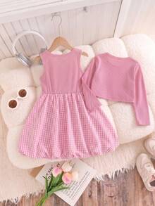 Girls' Spring/Autumn Casual Cute Bow Pink Long Sleeve Jacket With Pink Tank Top And Plaid Patchwork Dress 2 Pieces Set - Pink - View 2