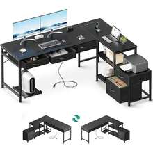 Escritorio en Forma con CajóN Escritorio para Computadora con Tomas de Corriente Escritorios Reversible de Esquina para Escritorio de Oficina con Estante 120 * 50 * 77cm (Negro) - A - Ver 5