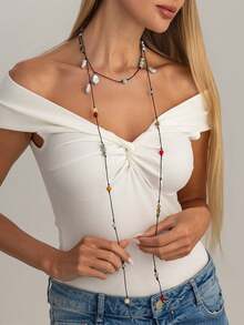 Holiday Forest-Themed Beaded Long-Length Fringed Faux Pearl Necklace. Colorful Round Beads Woven Jewelry For Women. - Multicolor - View 4