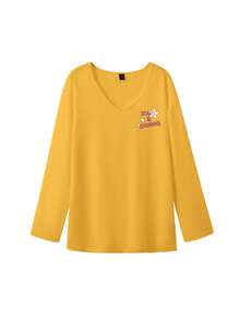 Women's V-Neck Long Sleeve T-Shirt, Loose Casual Fit, Minimalist Star & Letter Print Base Layer Top For Autumn - Yellow - View 8