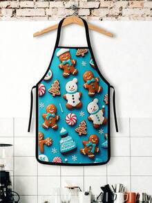 2Pcs Waterproof Merry Christmas Household Aprons, Bright Blue 3D Cartoon Gingerbread Man Snowman Peppermint Candy & Off White Gingerbread Bow Candy Cane Winter Element Printed Adjustable Bib Aprons, Indoor Baking Cleaning Xmas Decorative Apron Gifts - Multicolor - View 9